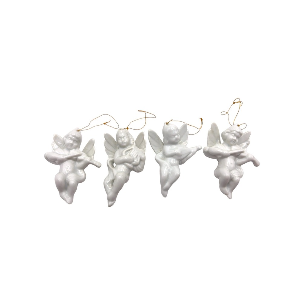 Set 4 Vintage White Porcelain Angel Cherub Musical Instrument Christmas Ornament